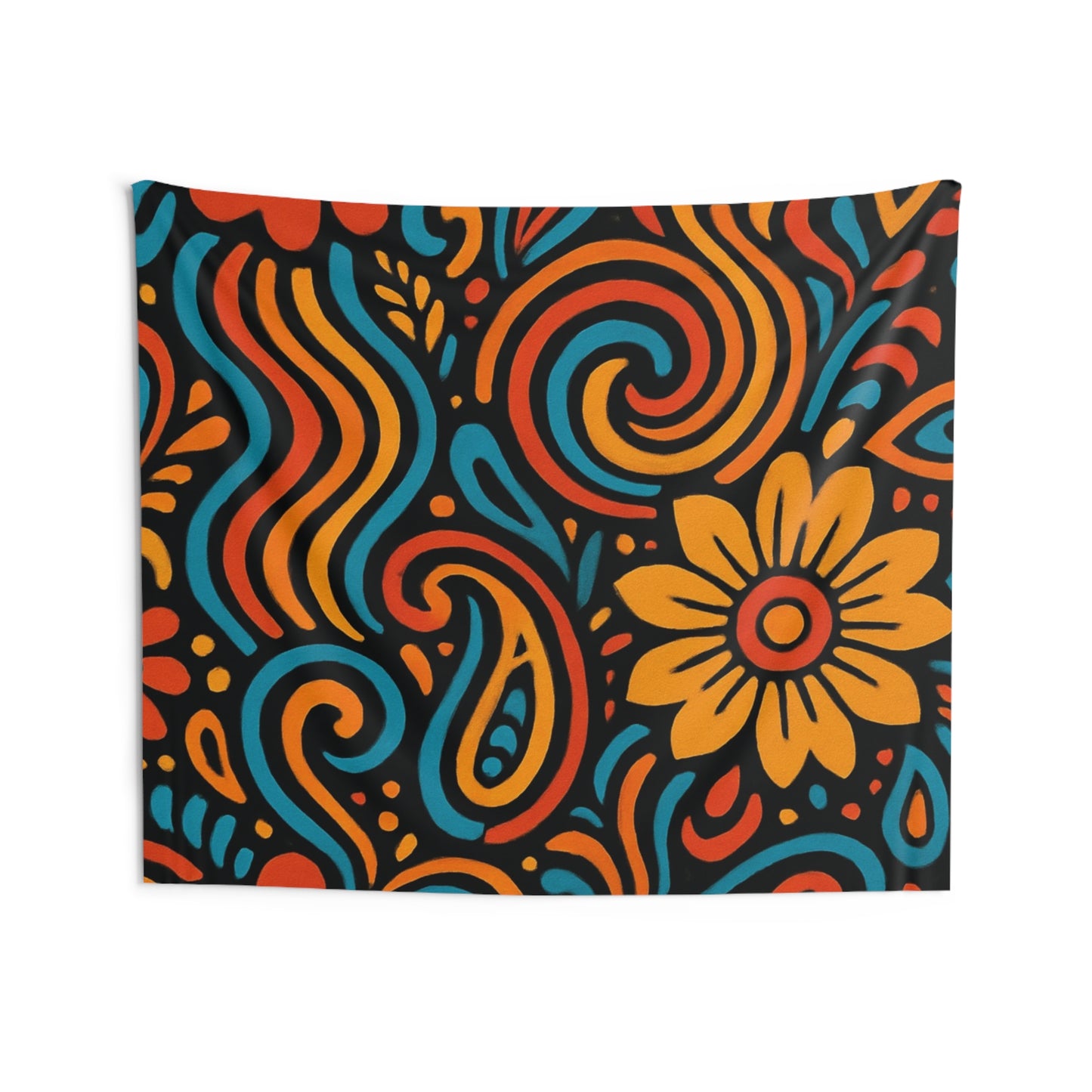 Boho Floral Tapestry — Retro Swirl Wall Hanging (Orange, Teal, Yellow)