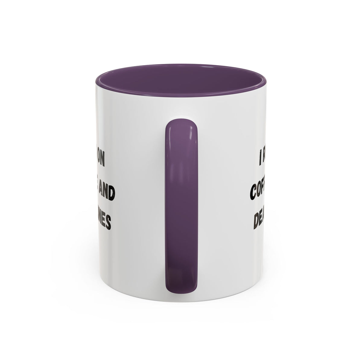 White ceramic mug with "I Run on Coffee and Deadlines" print, featuring black text and a sturdy handle, designed by Printify.