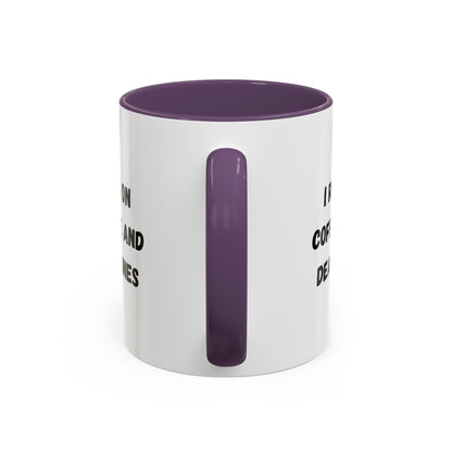 White ceramic mug with "I Run on Coffee and Deadlines" print, featuring black text and a sturdy handle, designed by Printify.