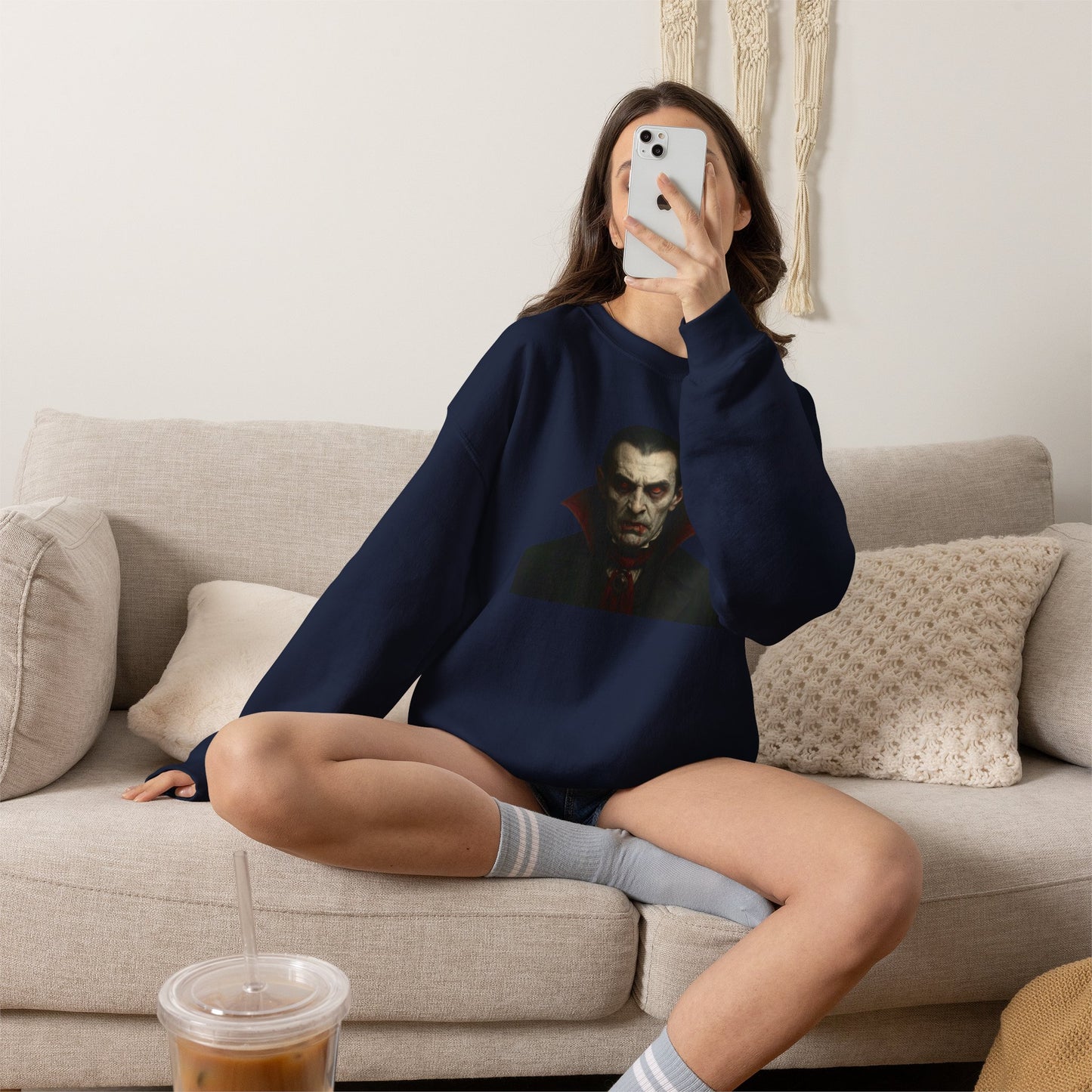 Printify vampire portrait crewneck sweatshirt featuring a detailed vampire illustration on a comfortable, casual black sweatshirt.