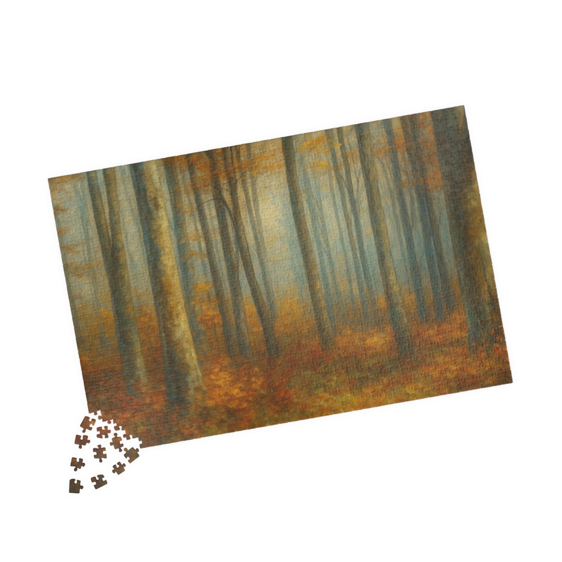 Misty autumn forest puzzle by Printify featuring woodland trees and vibrant fall colors, assembled on a flat surface.