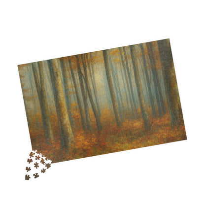 Misty autumn forest puzzle by Printify featuring woodland trees and vibrant fall colors, assembled on a flat surface.