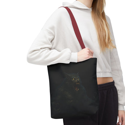 Werewolf tote bag featuring dark Halloween art, stylish bag for horror fans, made by Printify with spooky wolf design.