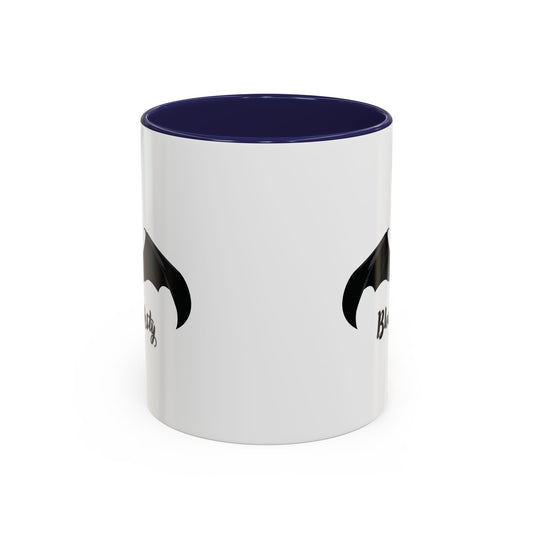 Black ceramic coffee mug featuring a bloodthirsty bat accent design, perfect for gothic vampire Halloween enthusiasts.