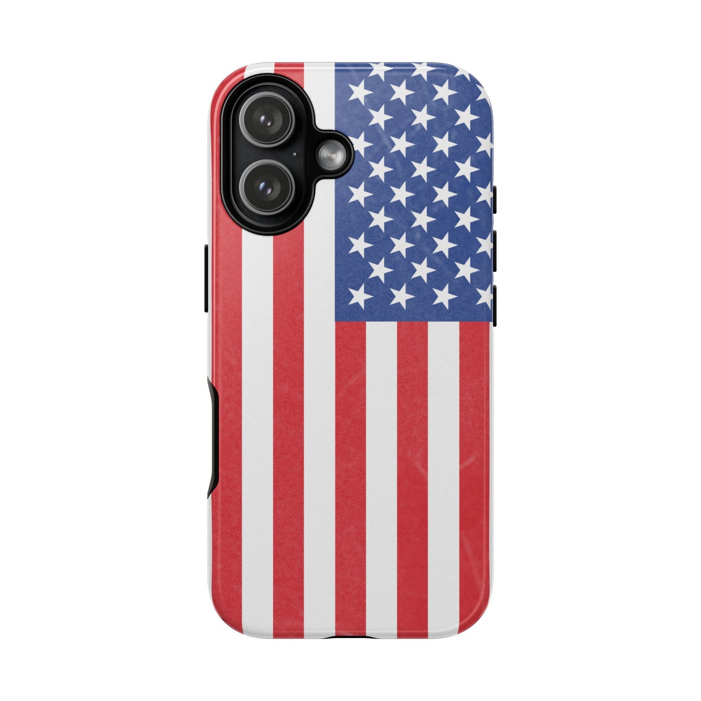 Durable American flag phone case for iPhone by Printify, featuring a patriotic design and rugged protective material.