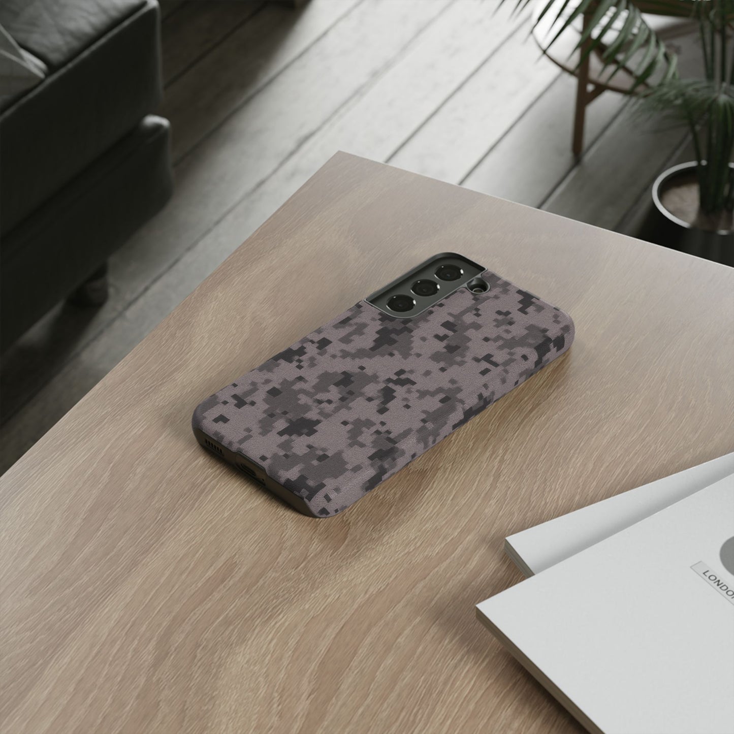 Gray digital camouflage phone case by Printify, tough and protective cover for smartphones with camouflage pattern.