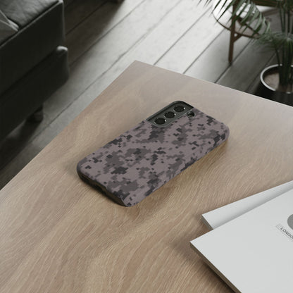 Gray digital camouflage phone case by Printify, tough and protective cover for smartphones with camouflage pattern.