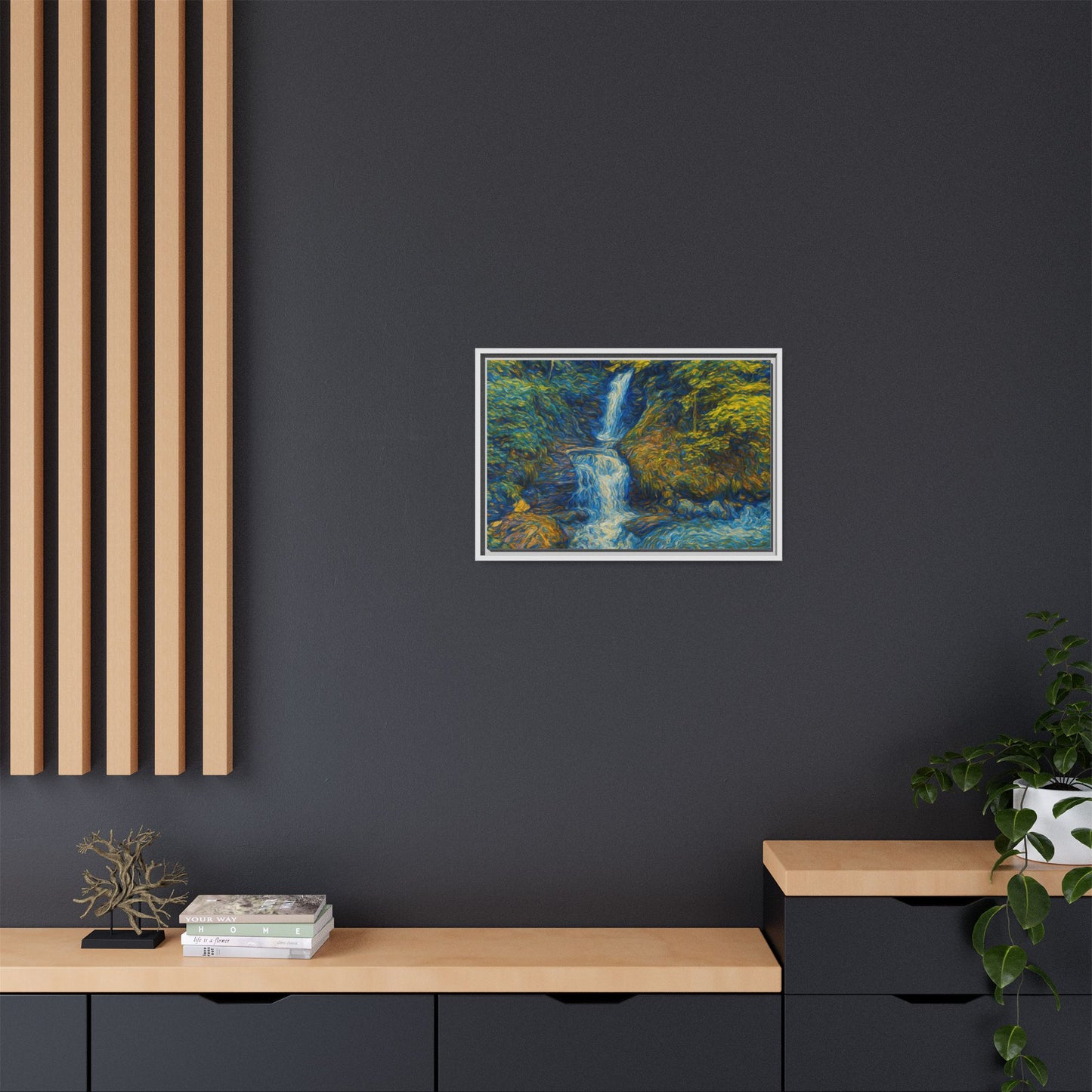 Framed matte canvas print of an impressionist waterfall wall art by Printify, featuring vibrant colors and textured brushstrokes.