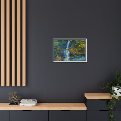 Framed matte canvas print of an impressionist waterfall wall art by Printify, featuring vibrant colors and textured brushstrokes.