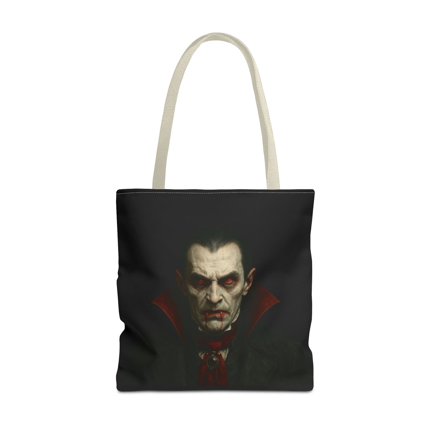 Vampire tote bag featuring spooky gothic Halloween design, made by Printify, with a black fabric and vampire graphic print.
