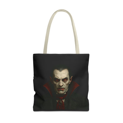 Vampire tote bag featuring spooky gothic Halloween design, made by Printify, with a black fabric and vampire graphic print.