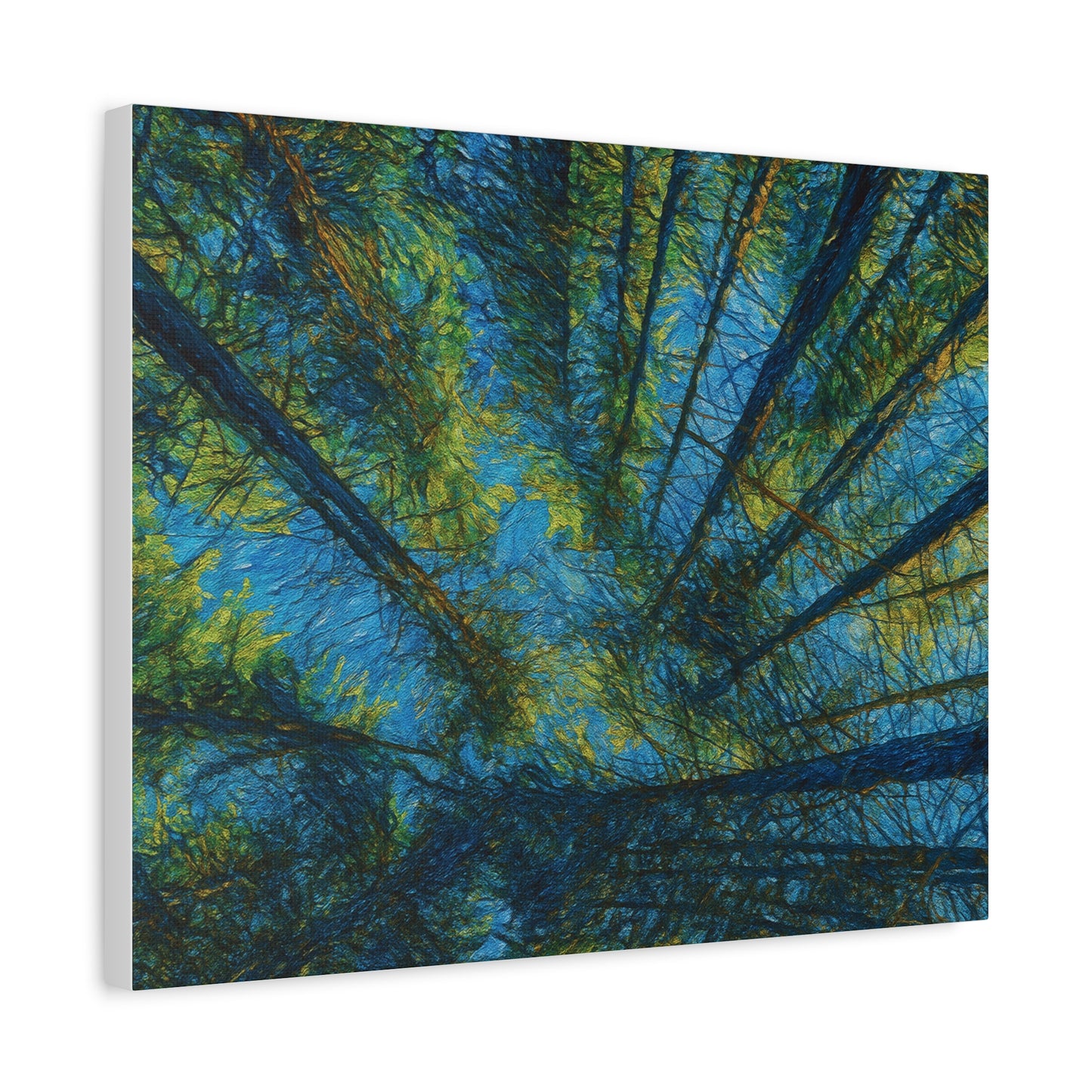 Forest Canopy Matte Canvas Wall Art — Upward View of Trees, Blue & Green Nature Print