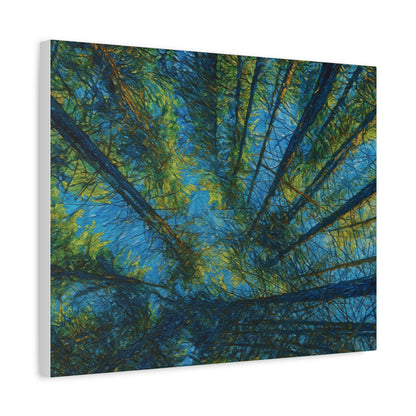 Forest Canopy Matte Canvas Wall Art — Upward View of Trees, Blue & Green Nature Print