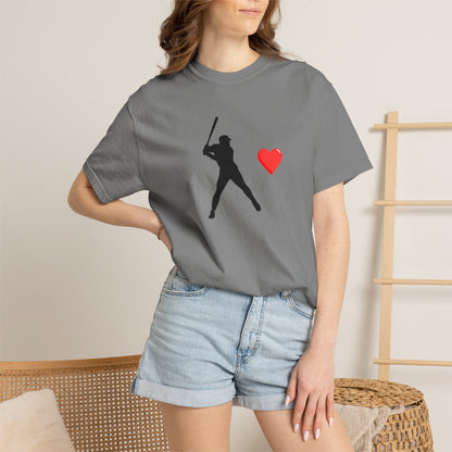 White baseball batter heart T-shirt by Printify featuring a graphic of a batter swinging a bat for baseball fans.