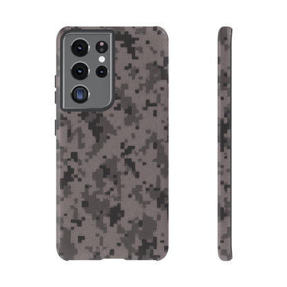 Gray digital camouflage phone case by Printify, tough protective cover fitting smartphones with a rugged camo design.