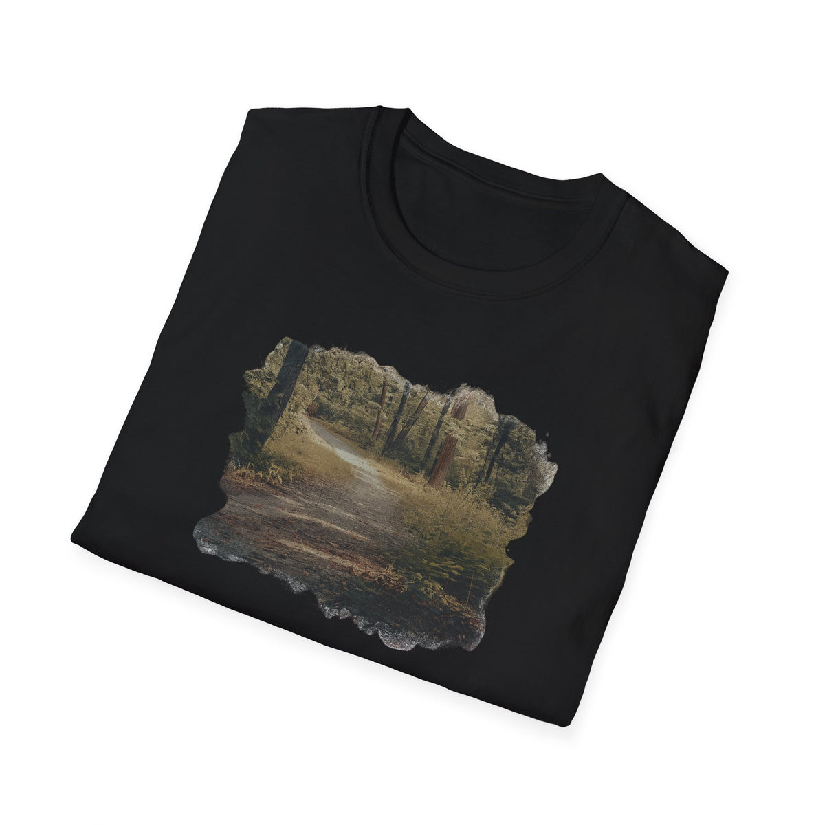 Vintage forest landscape T-shirt from Printify featuring a nature pathway design, perfect for outdoor enthusiasts.