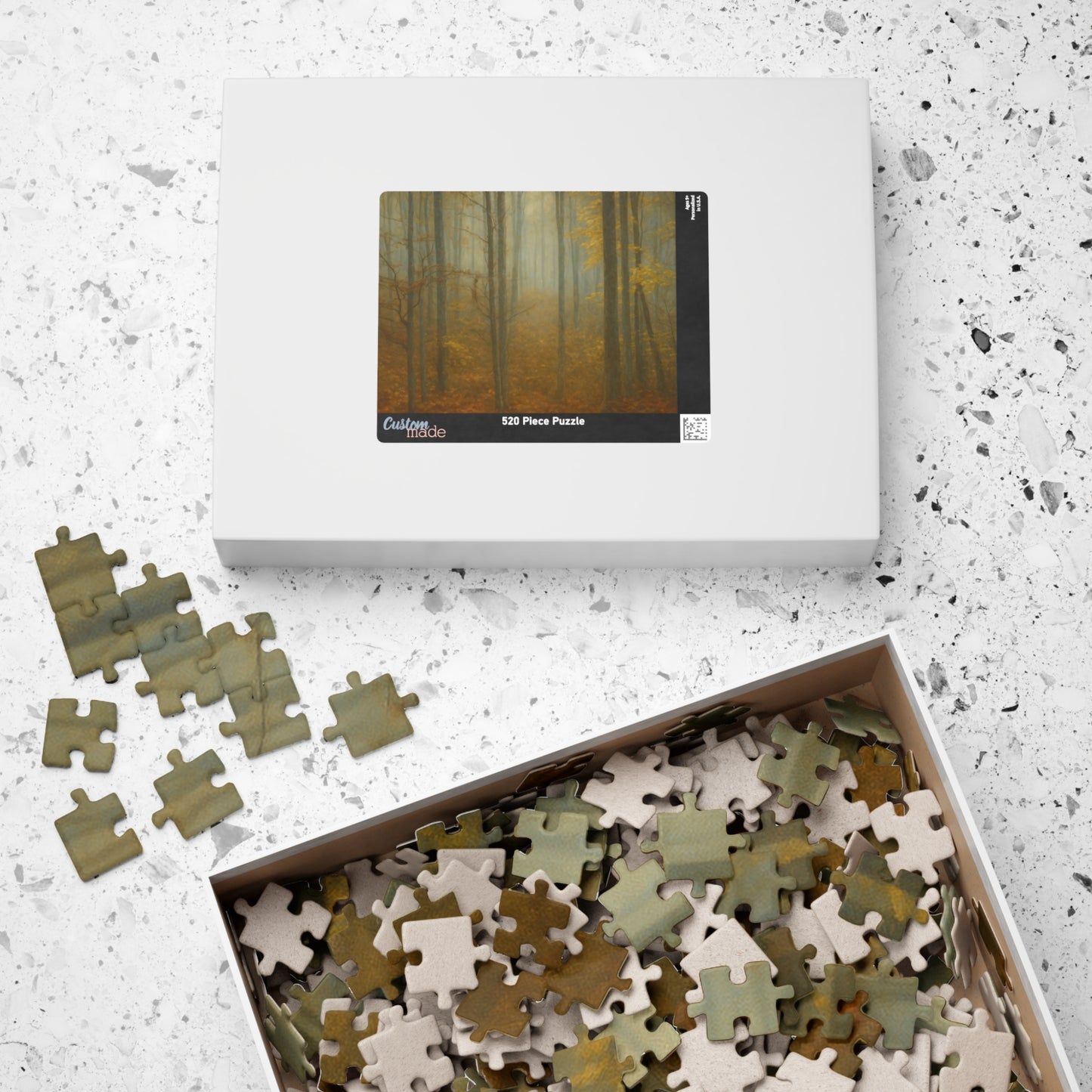 Printify Misty Forest Trees jigsaw puzzle featuring 110 and 1014 pieces, showcasing a serene forest landscape scene.