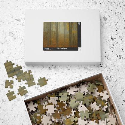 Printify Misty Forest Trees jigsaw puzzle featuring 110 and 1014 pieces, showcasing a serene forest landscape scene.