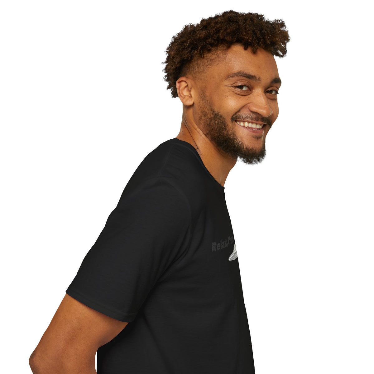 Funny alien graphic T-shirt by Printify featuring a UFO design, perfect for sci-fi fans and casual wear.