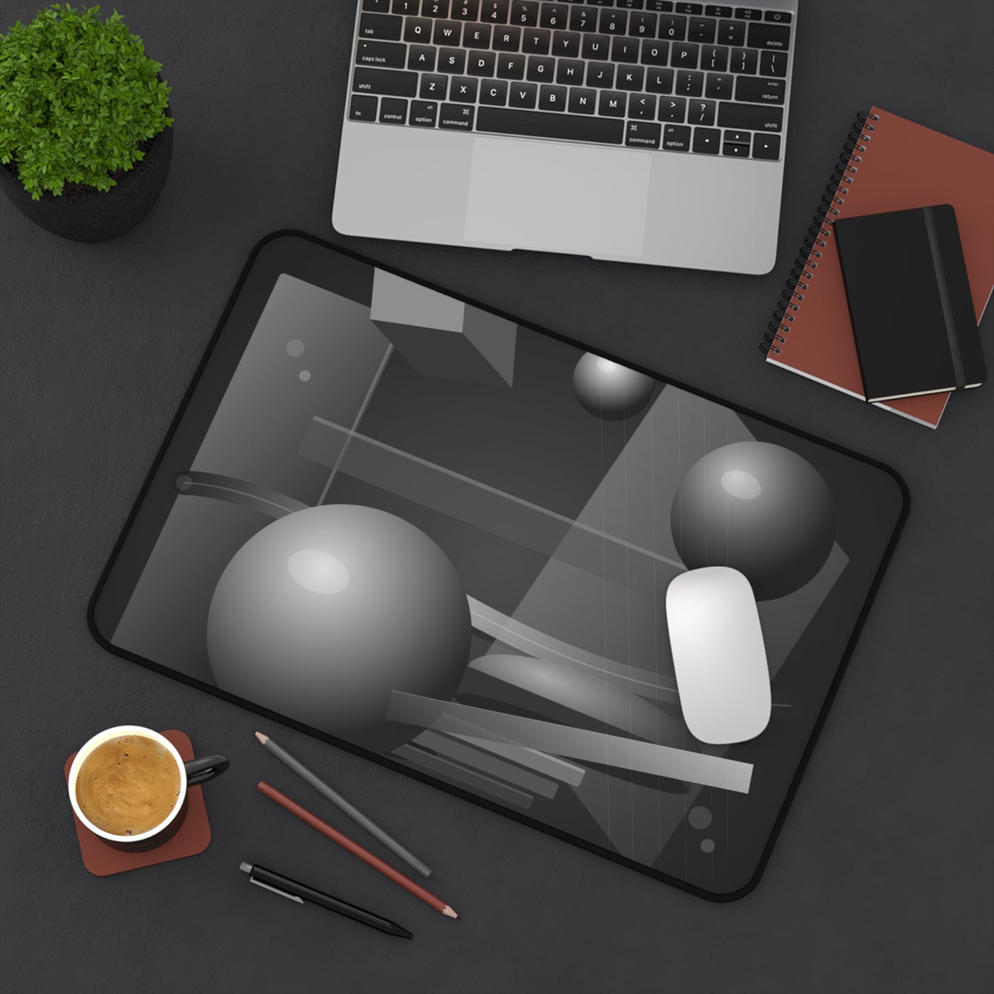 Monochrome Geometric Spheres Desk Mat | Abstract Grey Shapes Mouse Pad