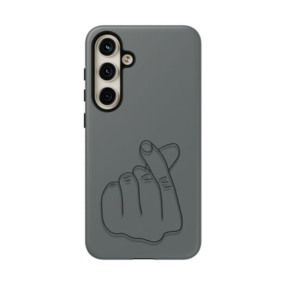 Silicone phone case with embossed Korean finger heart design, compatible with smartphones, by Printify.