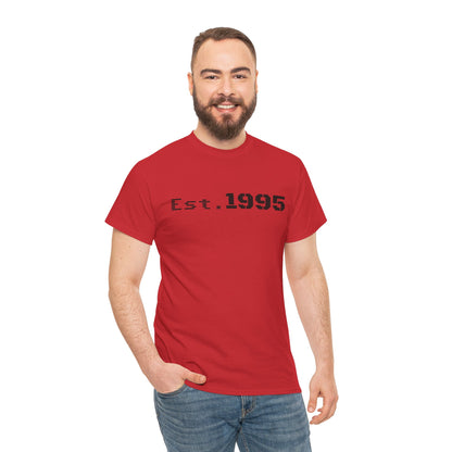 Vintage Est. 1995 T-shirt by Printify featuring minimalist design and birthday theme, shown in a casual front view.