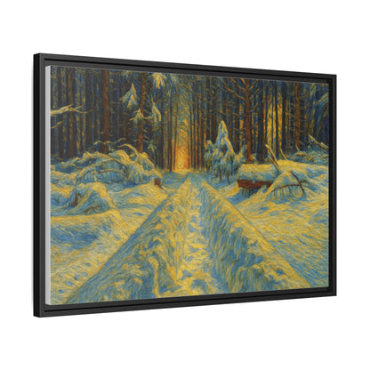 Framed matte canvas print of a snowy forest path at sunset, wall art by Printify with detailed winter landscape scene.