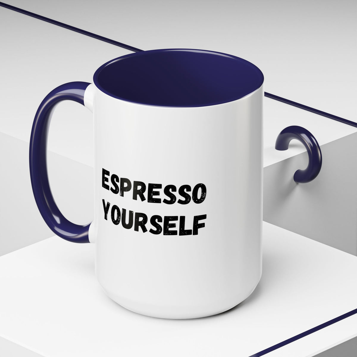 White ceramic espresso mug with "Espresso Yourself" humorous coffee lover quote, 11 oz size, printed by Printify.