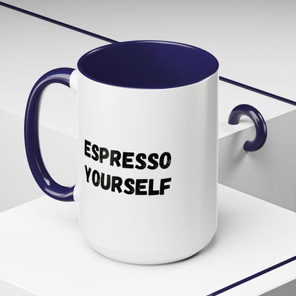 White ceramic espresso mug with "Espresso Yourself" humorous coffee lover quote, 11 oz size, printed by Printify.