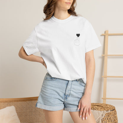 Black T-shirt with minimal white finger heart graphic, featuring the Printify logo and simple, stylish design.