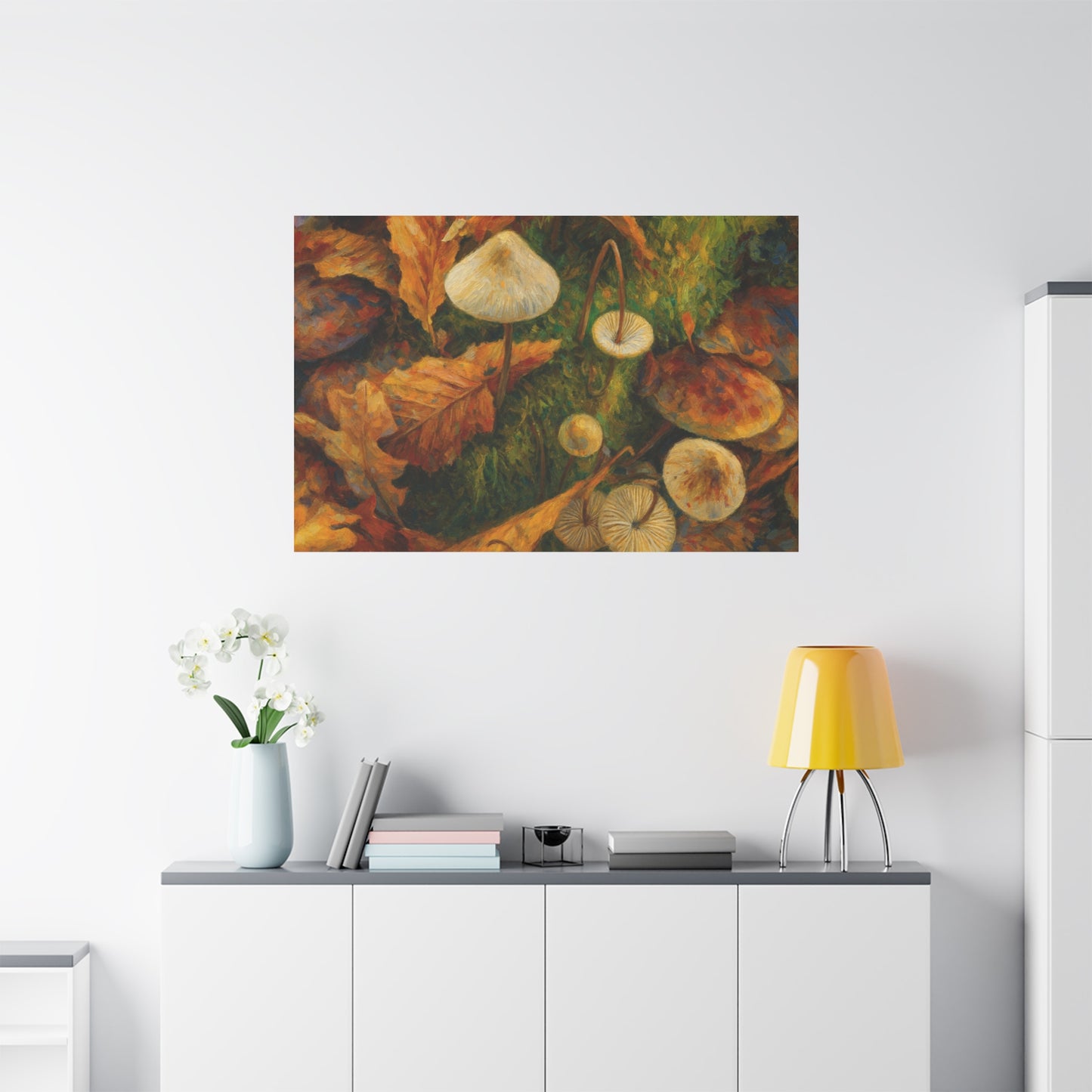 Colorful autumn mushrooms printed on a canvas art by Printify, featuring vibrant forest mushrooms in warm fall hues.
