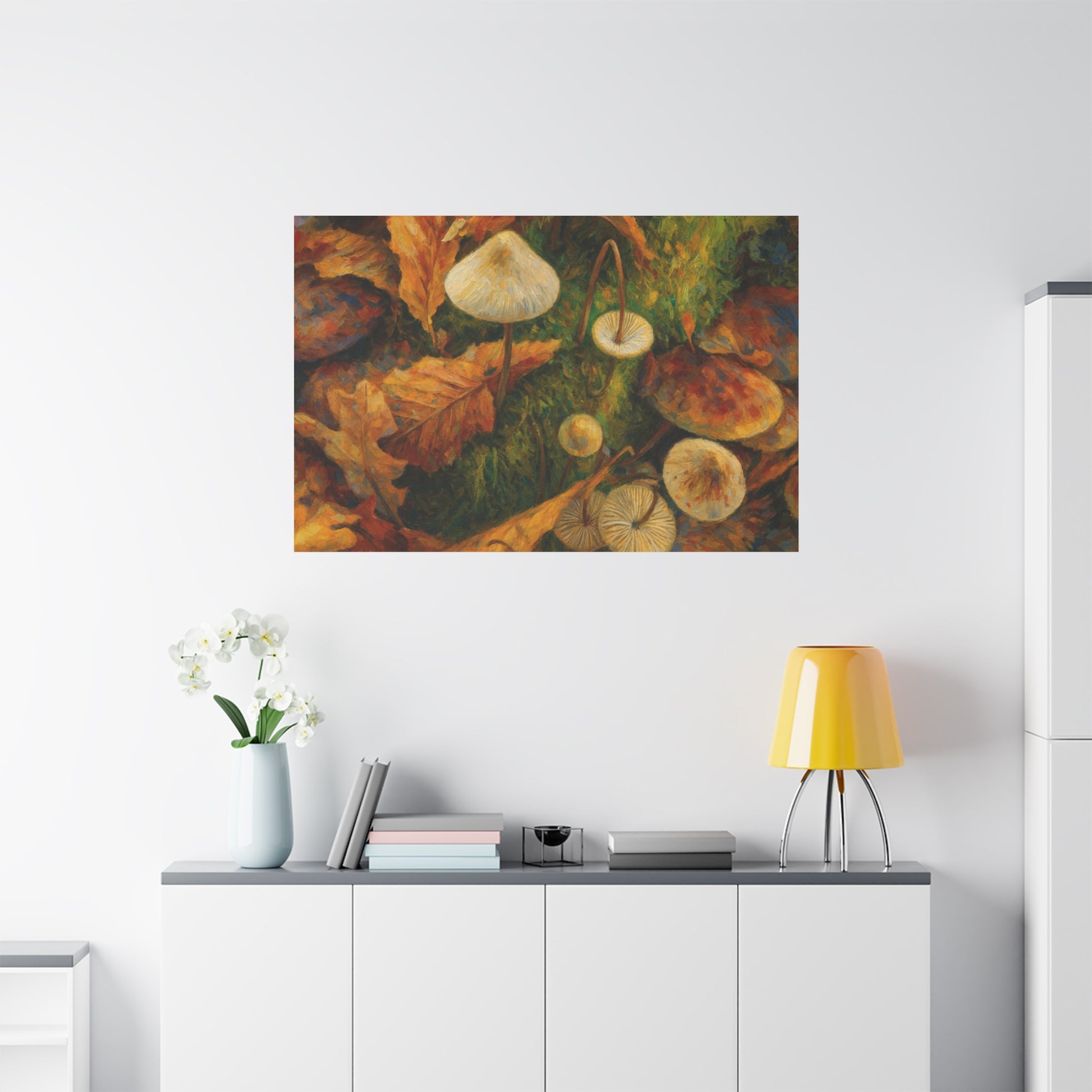Colorful autumn mushrooms printed on a canvas art by Printify, featuring vibrant forest mushrooms in warm fall hues.
