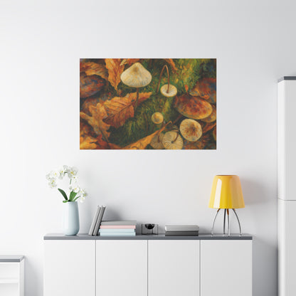 Colorful autumn mushrooms printed on a canvas art by Printify, featuring vibrant forest mushrooms in warm fall hues.