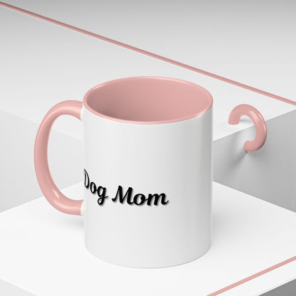 Dog Mom Accent Coffee Mug — white ceramic coffee mug with retro script "Dog Mom" print, colored interior and C-handle, 11oz/15oz, top-down view