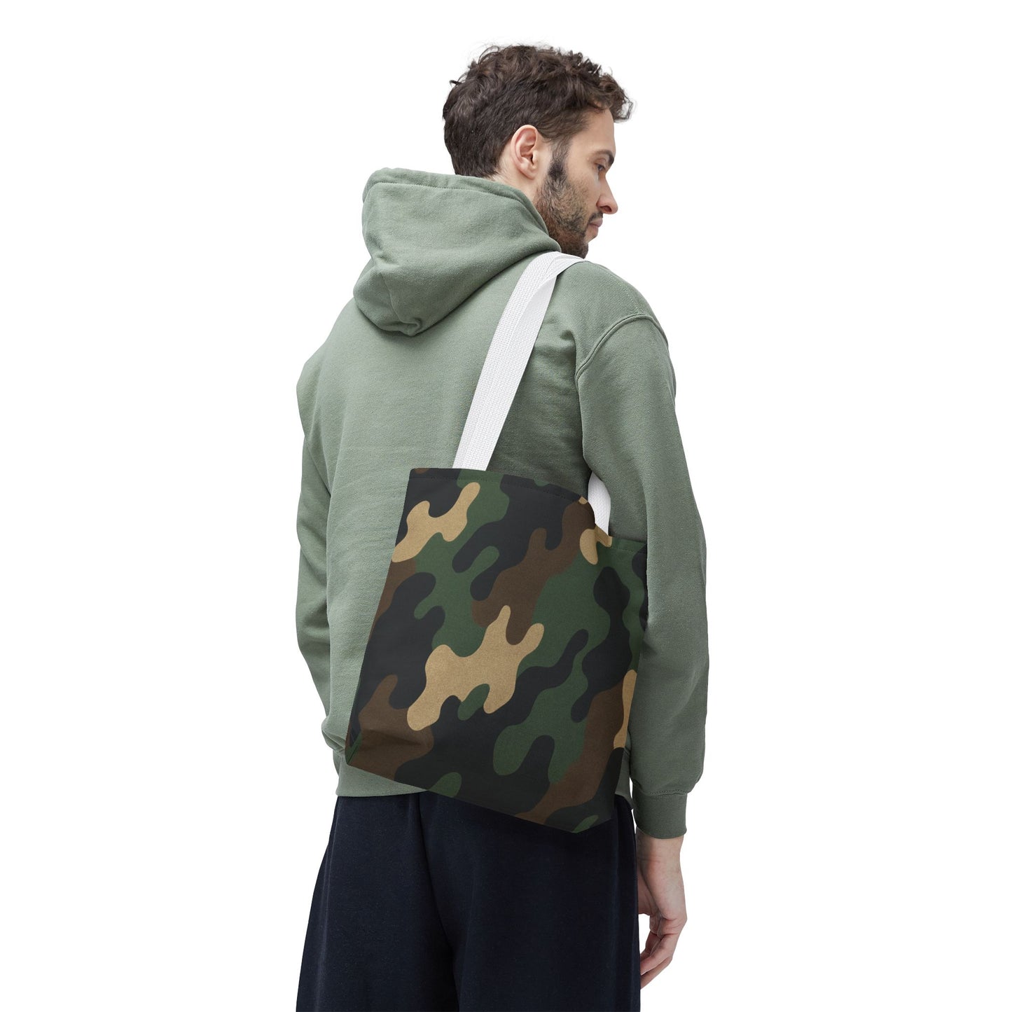 Camo pattern tote bag by Printify featuring an all-over camouflage print on durable canvas material.