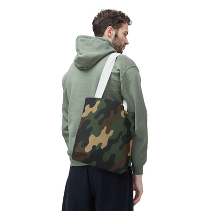 Camo pattern tote bag by Printify featuring an all-over camouflage print on durable canvas material.