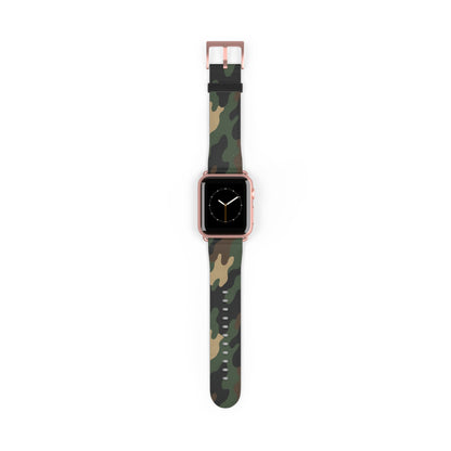Green camouflage silicone Apple Watch strap from Printify, durable accessory with adjustable band for comfortable wear.
