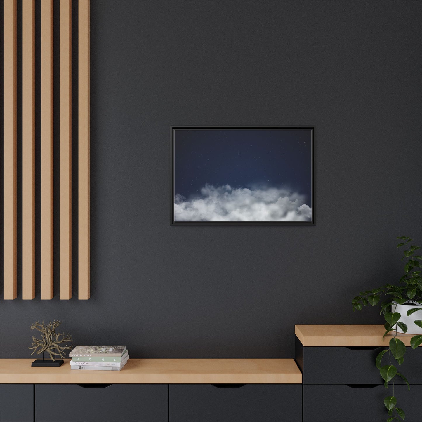 Night Sky Clouds matte canvas framed wall art by Printify featuring a starry sky with clouds for bedroom or living room decor.