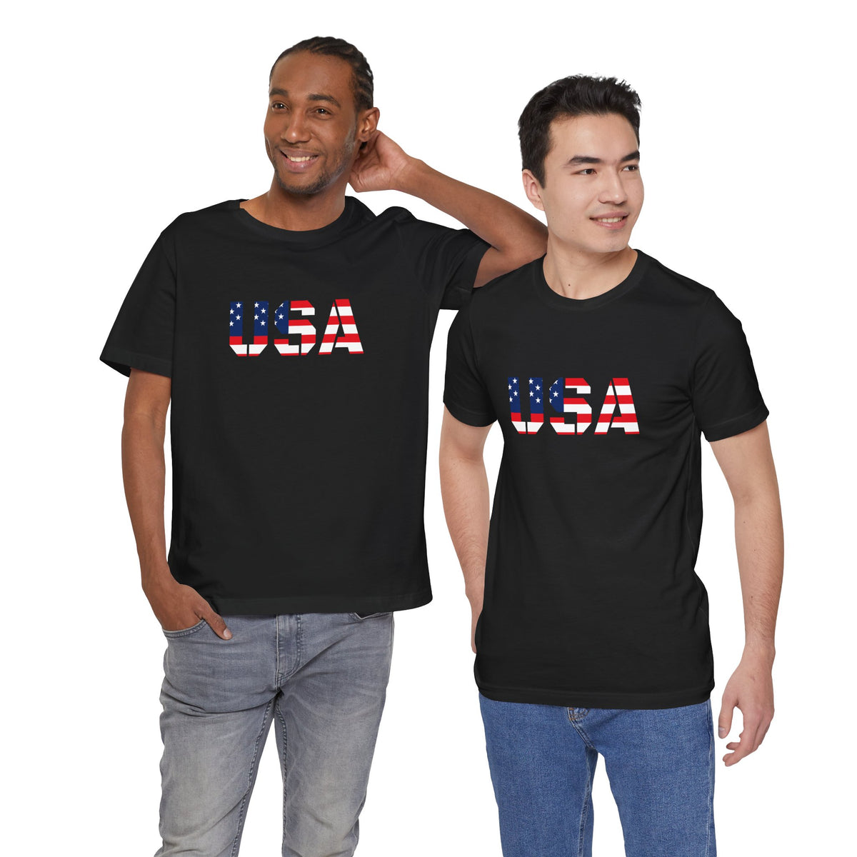 USA Flag Text T-shirt by Printify featuring patriotic design, with bold American flag and text celebrating Fourth of July.