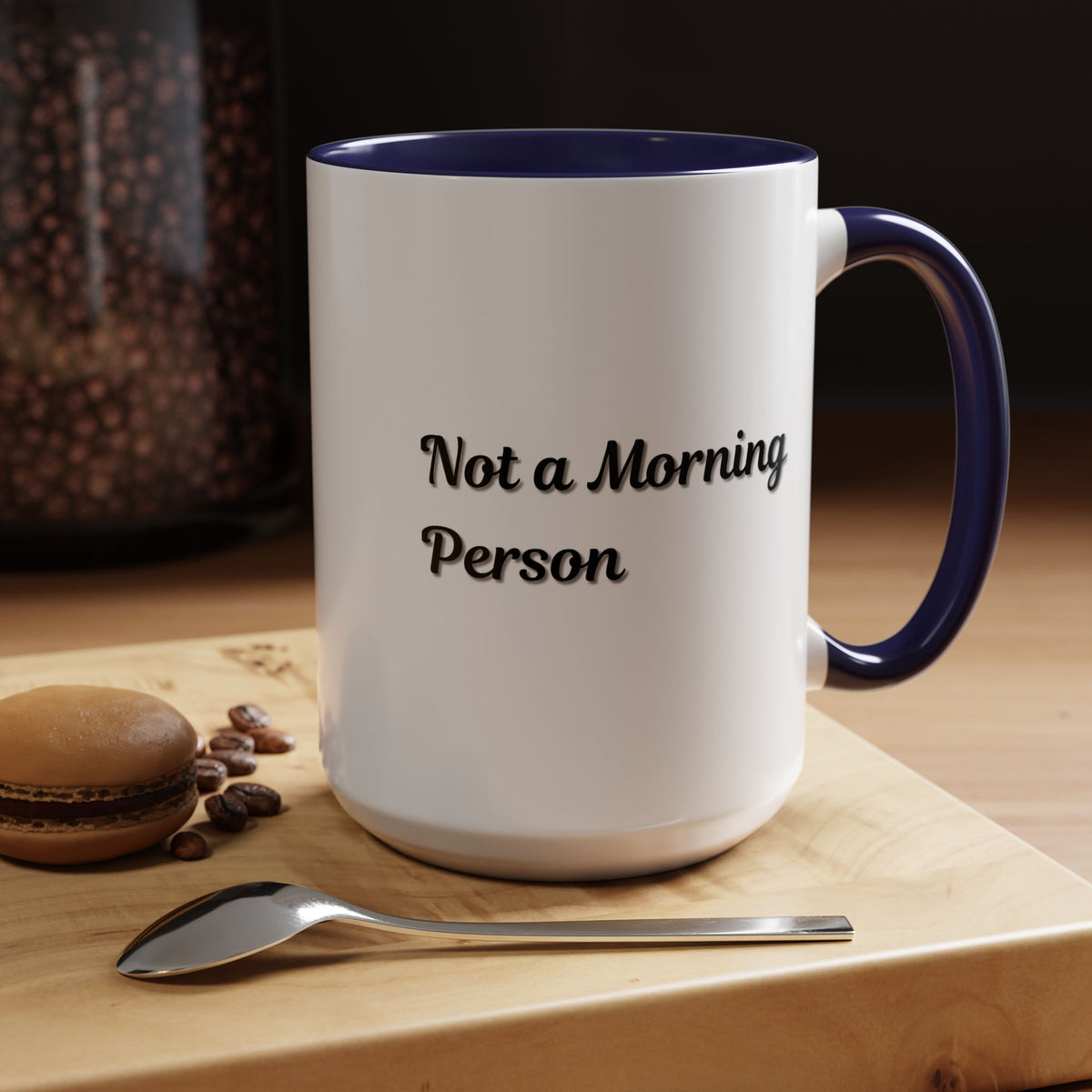 Ceramic coffee mug with "Not a Morning Person" slogan, 11oz size, Printify brand, featuring a white mug with black text.