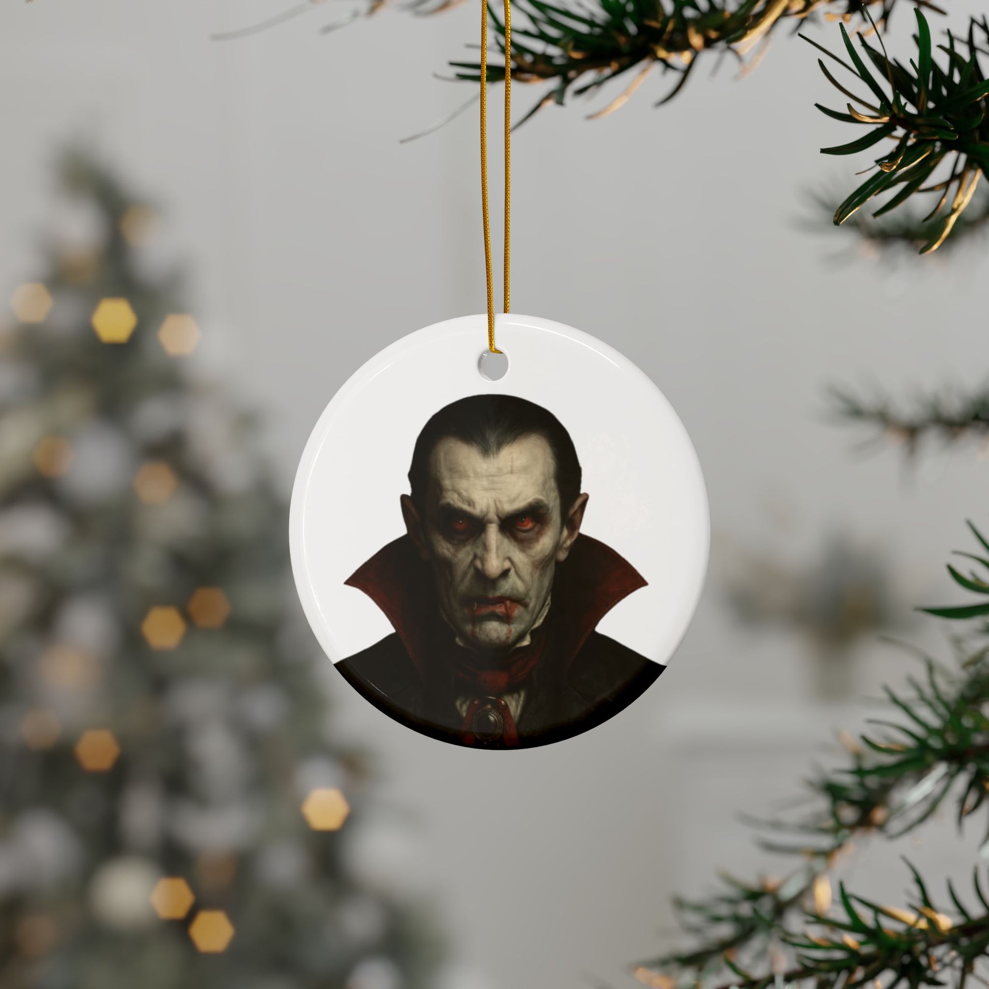 Two-sided vampire portrait ceramic ornament, gothic Christmas decoration with intricate dark-themed design, perfect for holiday decor.