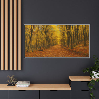 Autumn Forest Path matte canvas framed wall art by Printify showing a scenic forest trail in fall colors.