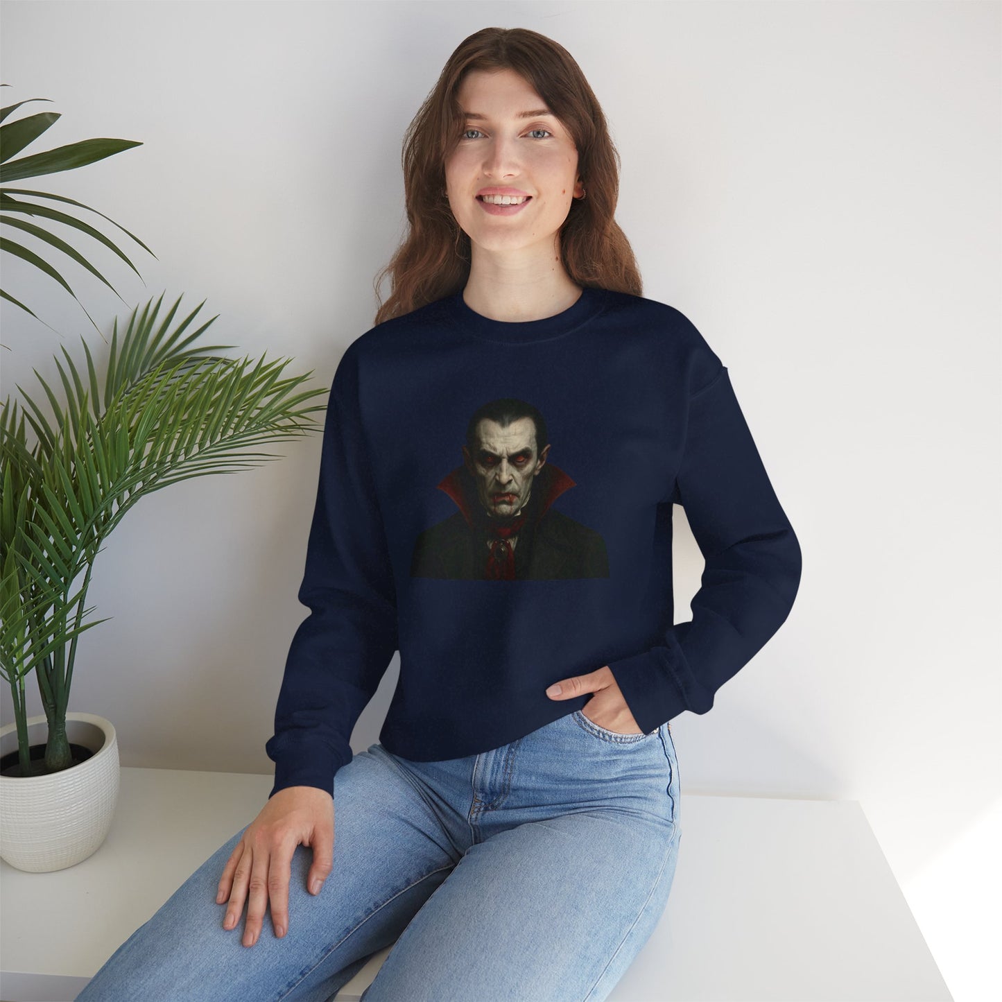 Black Vampire Portrait Printify crewneck sweatshirt featuring a detailed vampire illustration on the front.