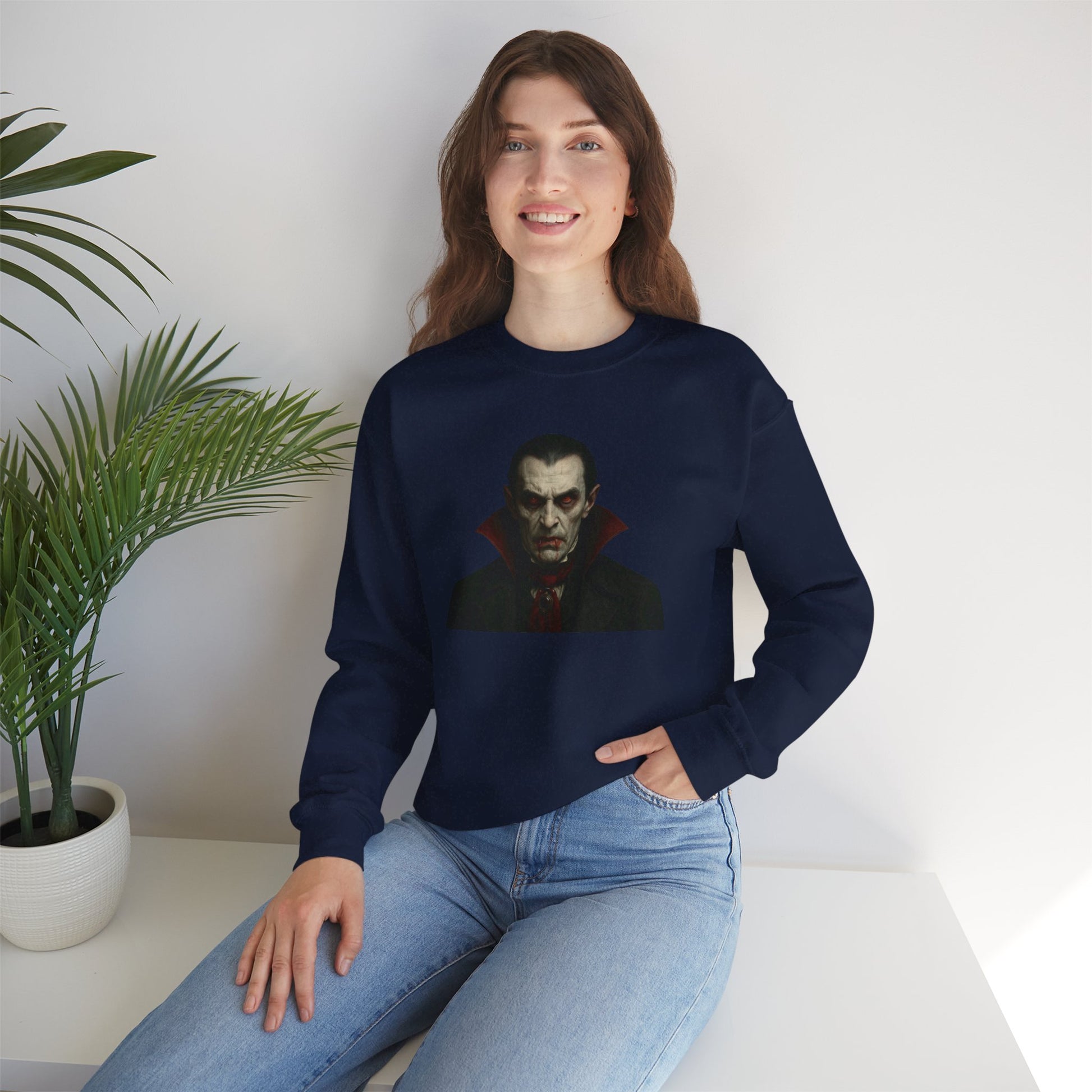 Black Vampire Portrait Printify crewneck sweatshirt featuring a detailed vampire illustration on the front.