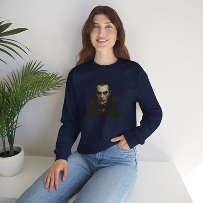 Black Vampire Portrait Printify crewneck sweatshirt featuring a detailed vampire illustration on the front.