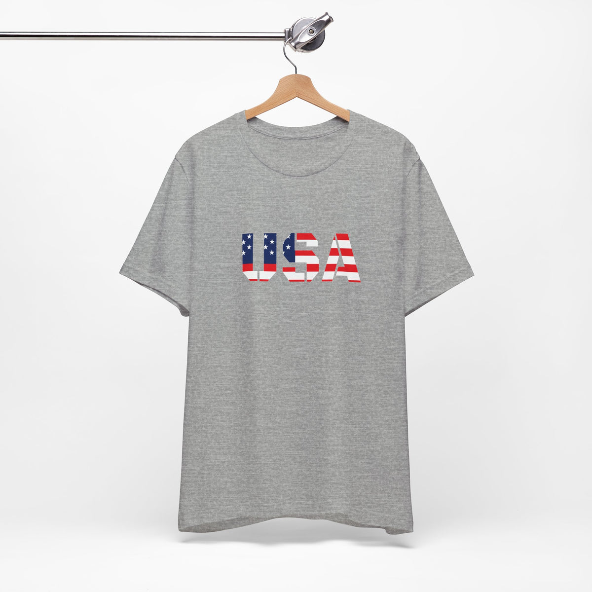 USA flag patriotic T-shirt with "USA Flag Text" design, perfect for Fourth of July celebrations, by Printify.