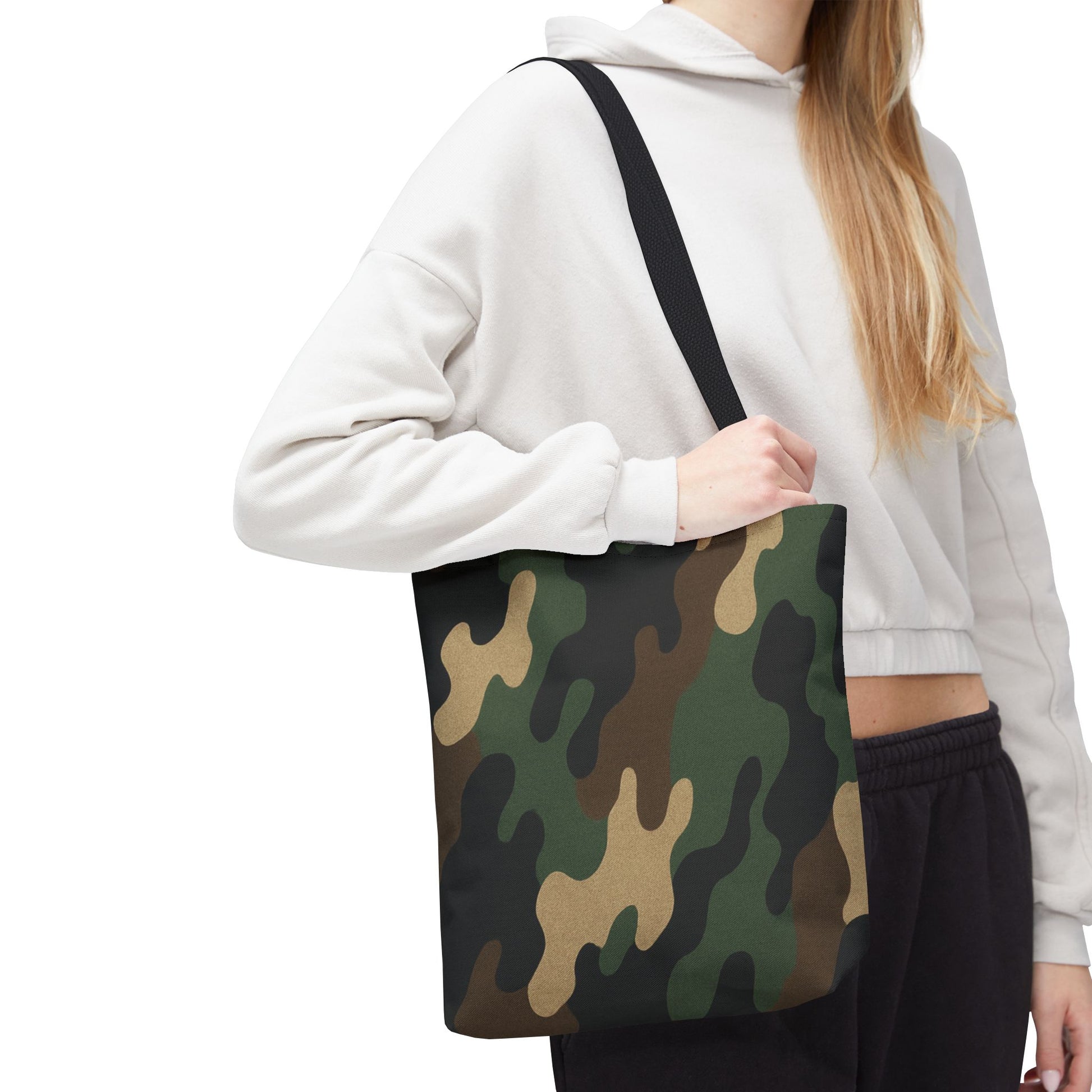 Camo pattern tote bag by Printify featuring all-over print canvas design, spacious carryall for everyday use.