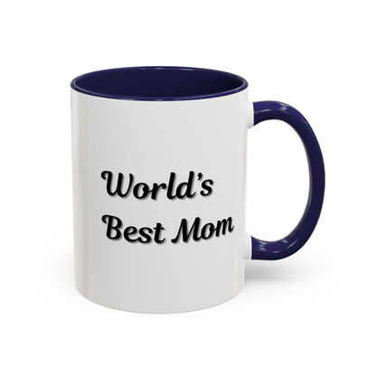 Black-trim ceramic coffee mug with "World's Best Mom" inscription, ideal for Mother's Day, by Printify.