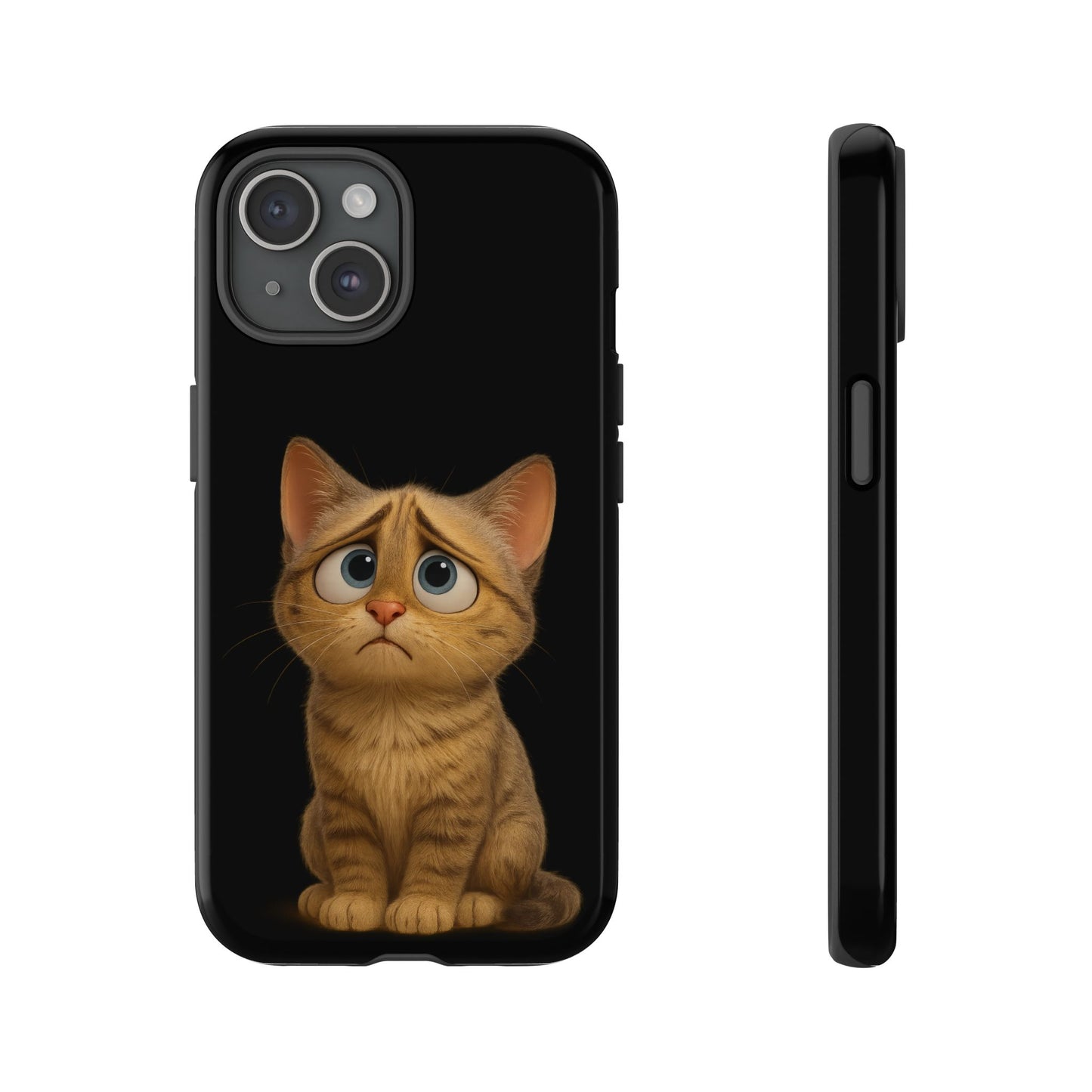 Cute sad kitty design phone case for iPhone, protective cat-themed iPhone case by Printify featuring a sad kitty illustration.