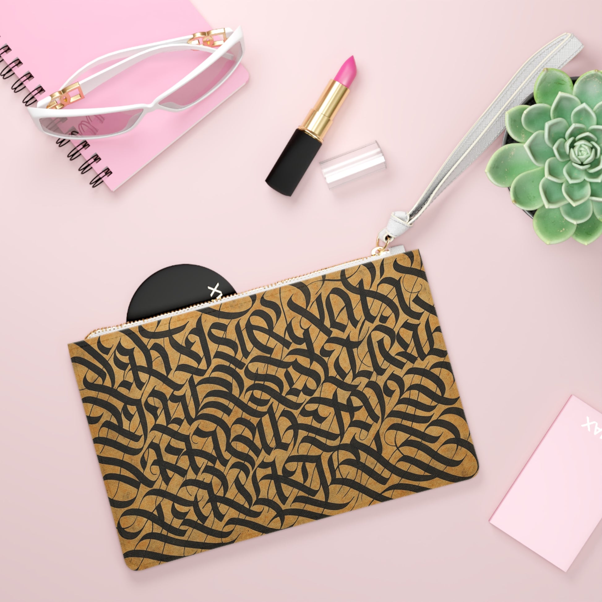 Elegant black calligraphy clutch bag by Printify, stylish evening purse for special occasions with detailed design and slim silhouette.